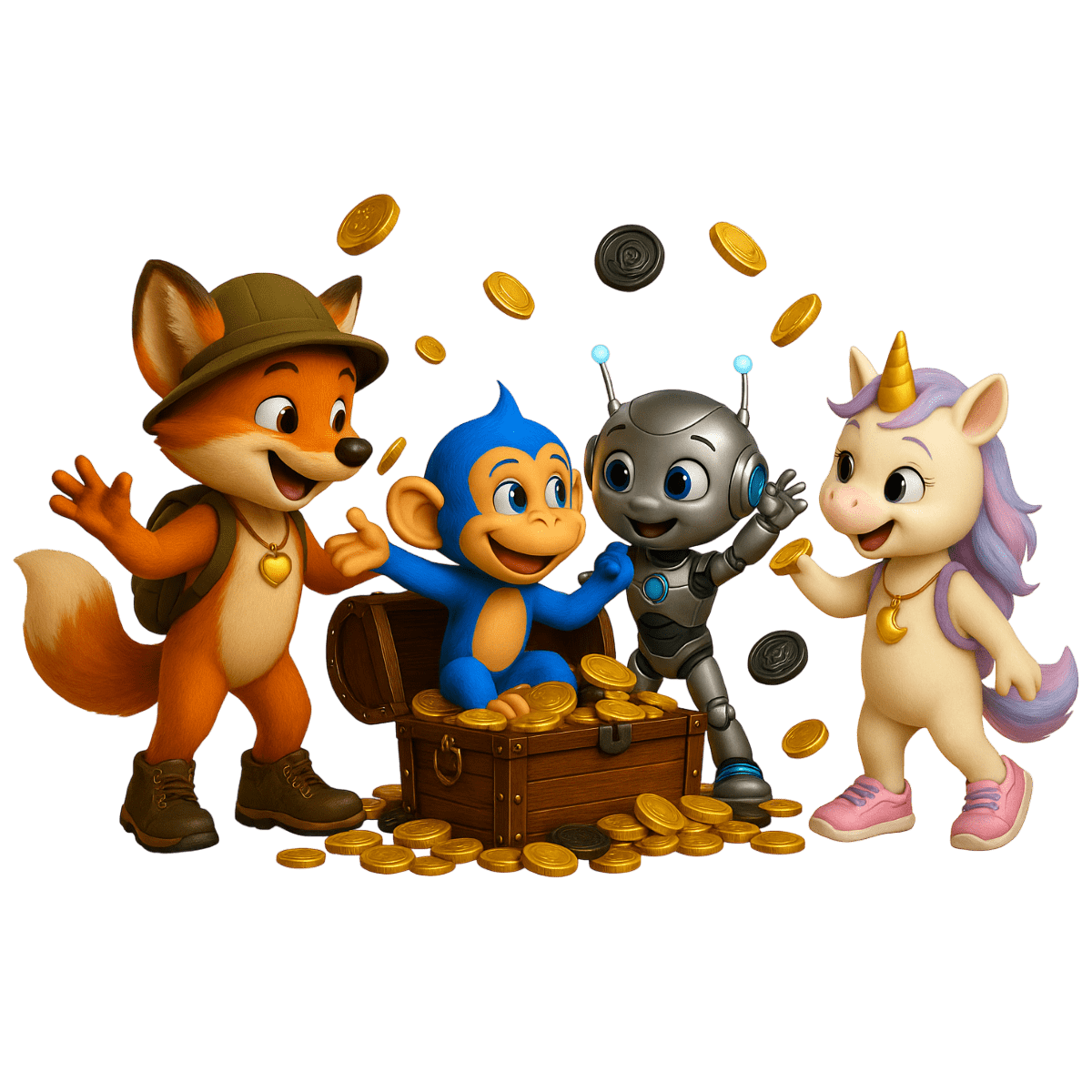 MonkyLand characters celebrating the $MKYL token sale with coins, symbolizing blockchain rewards and education.
